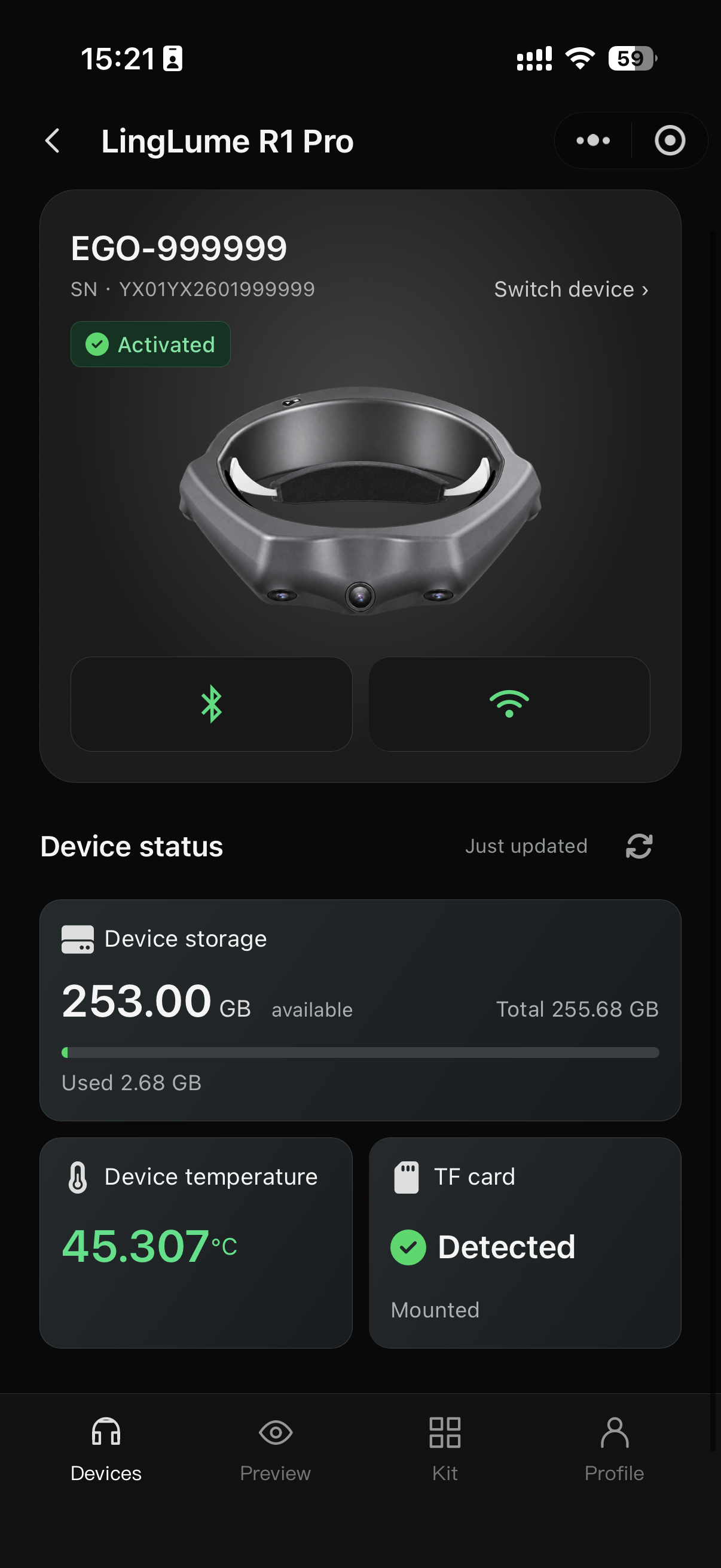 Lume R1 Pro Mobile App — Device Status & Storage Monitoring